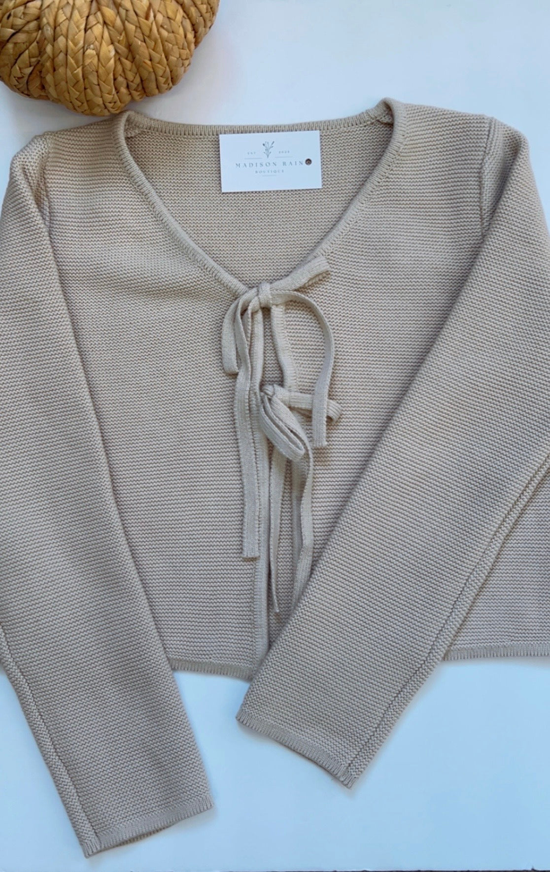 Beige Front Tie Knit Sweater