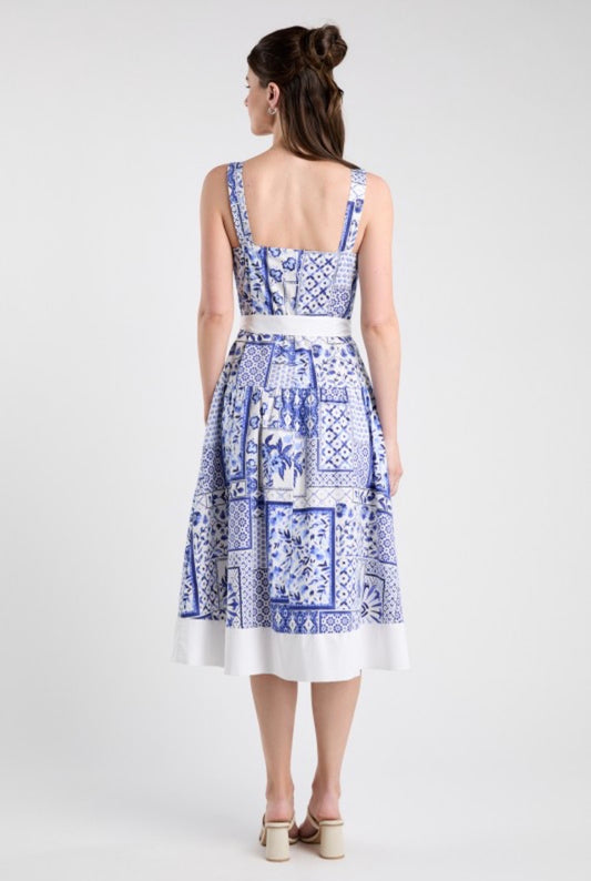 Blue Tile Print Resort Dress
