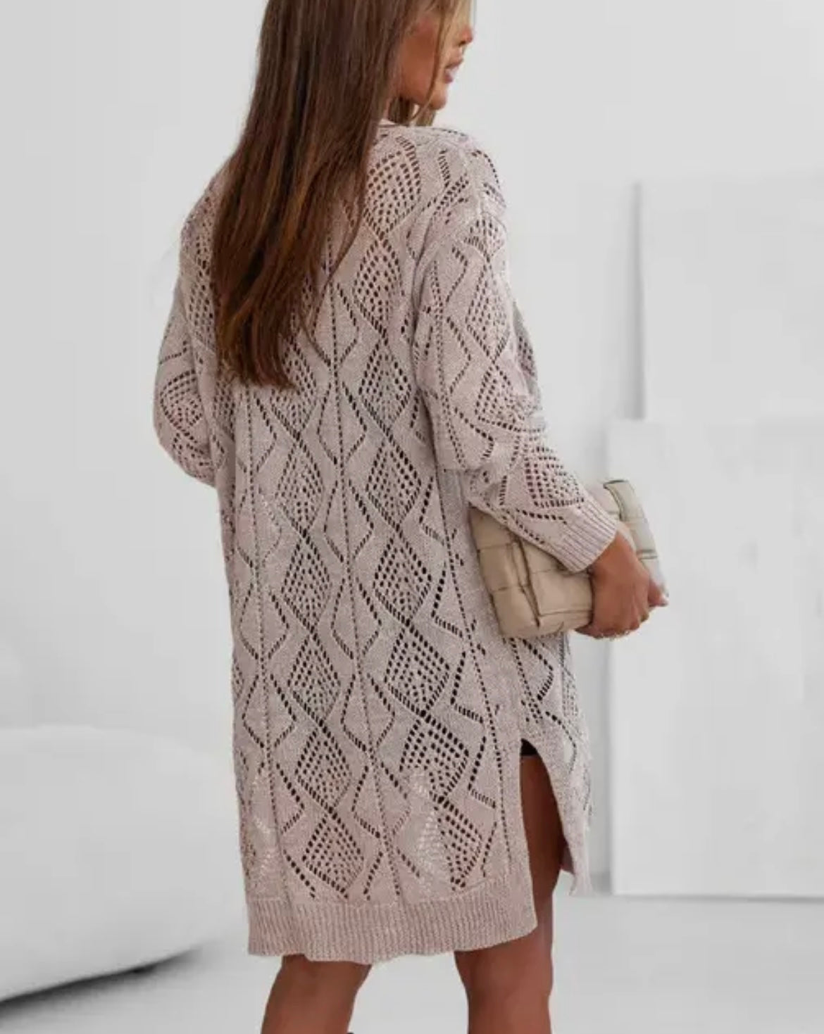 Khaki Openwork Knit Cardigan Sweater Coat