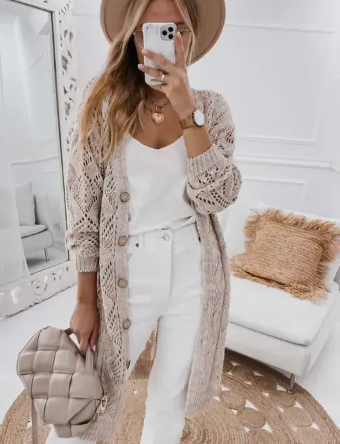 Khaki Openwork Knit Cardigan Sweater Coat