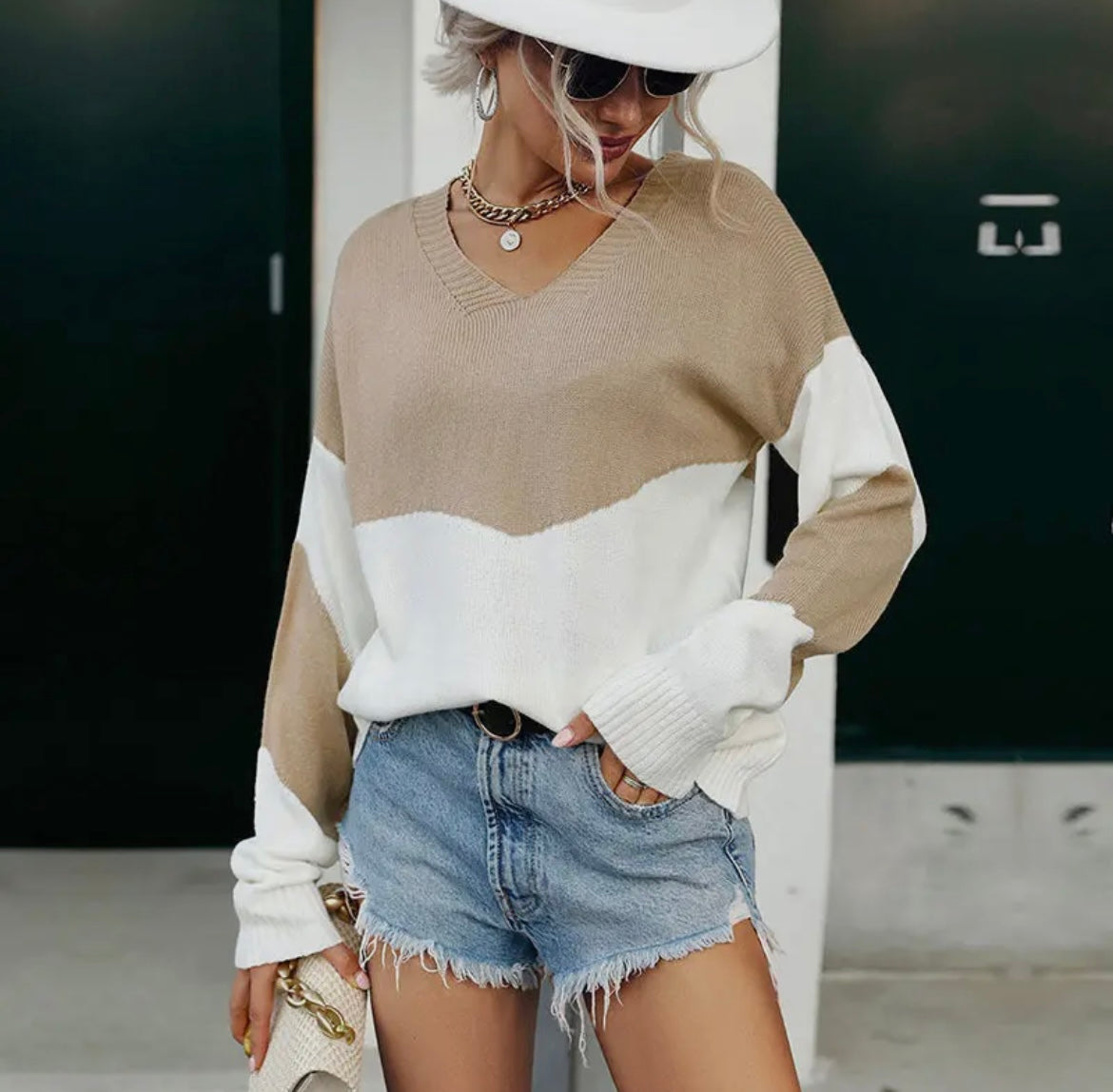 Khaki Patchwork Knit Sweater