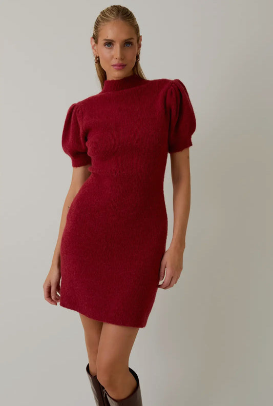 Burgundy Puff Sleeve Sweater Dress