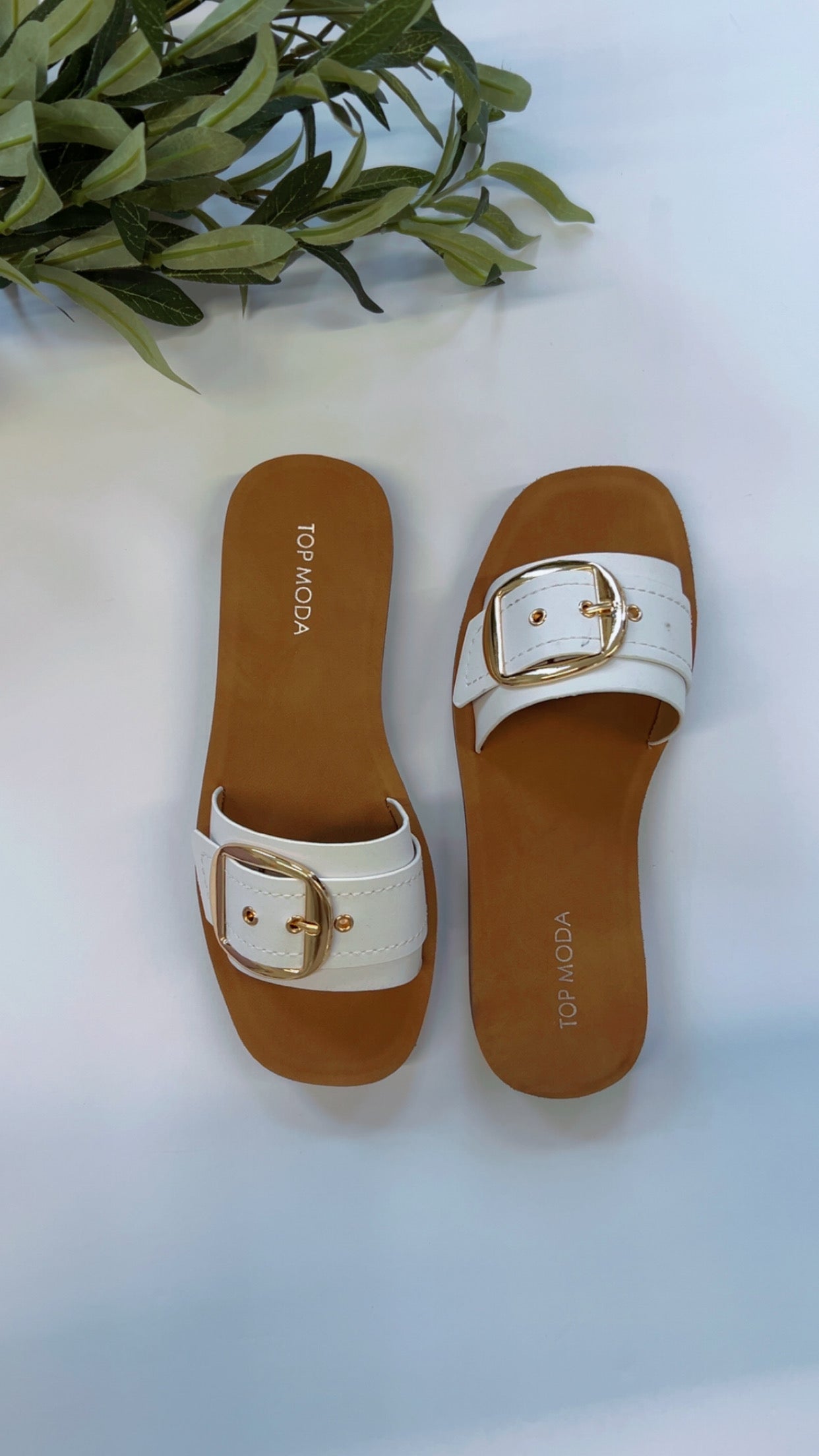 White Buckle Strap Flat Sandal