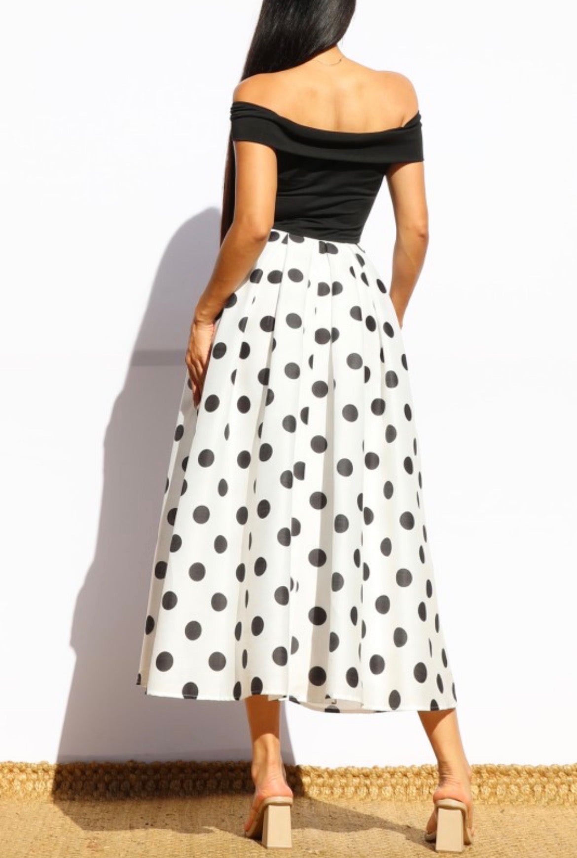 Black Off Shoulder Polka Dot Midi Dress