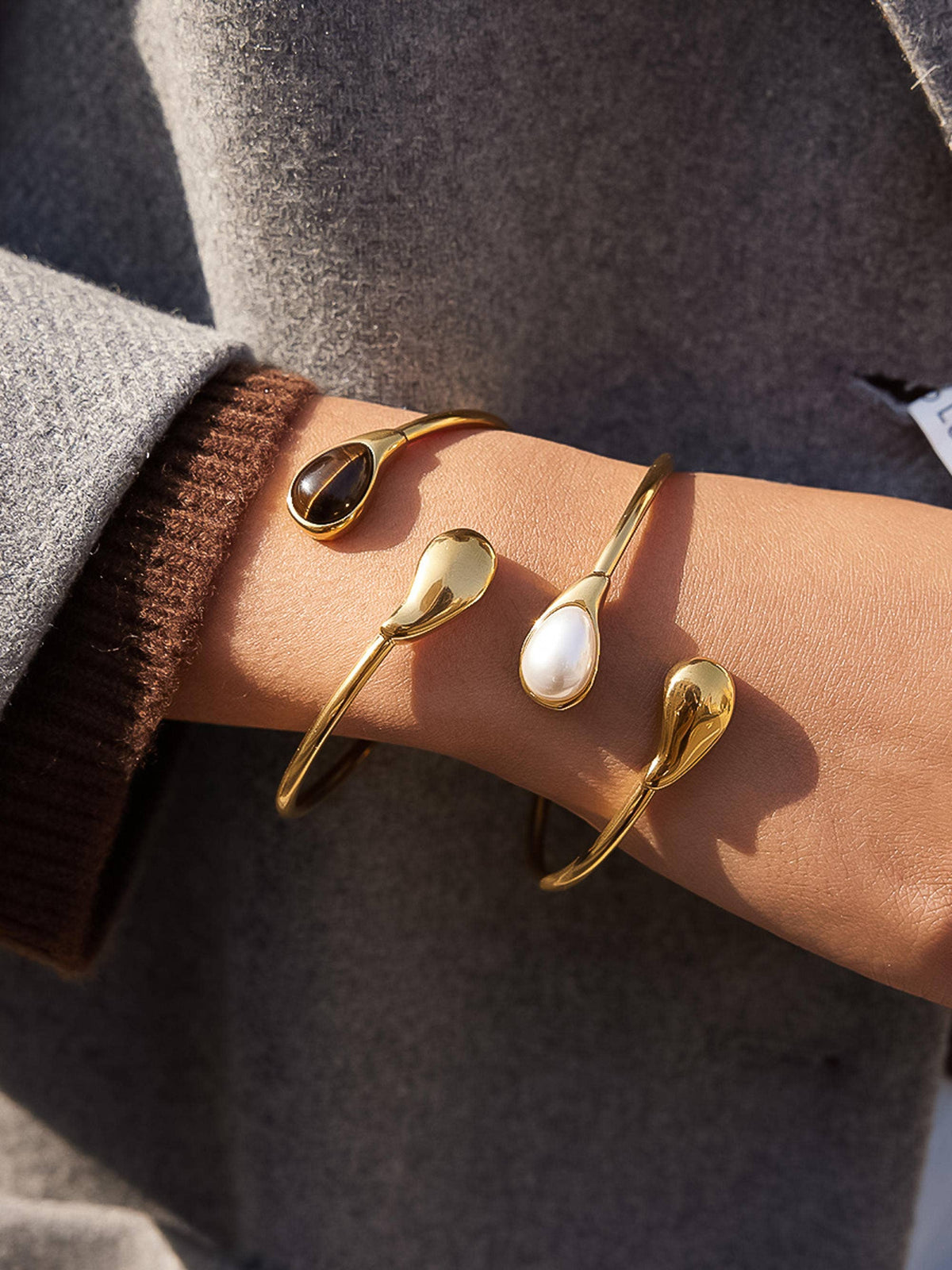 Gold Open Cuff Stone Bracelet