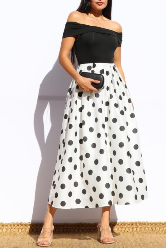 Black Off Shoulder Polka Dot Midi Dress