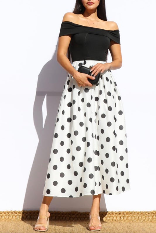 Black Off Shoulder Polka Dot Midi Dress