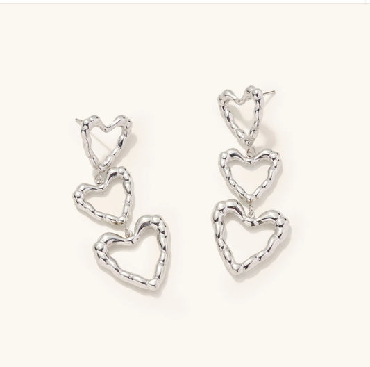 Silver Triple Heart Drop Earrings