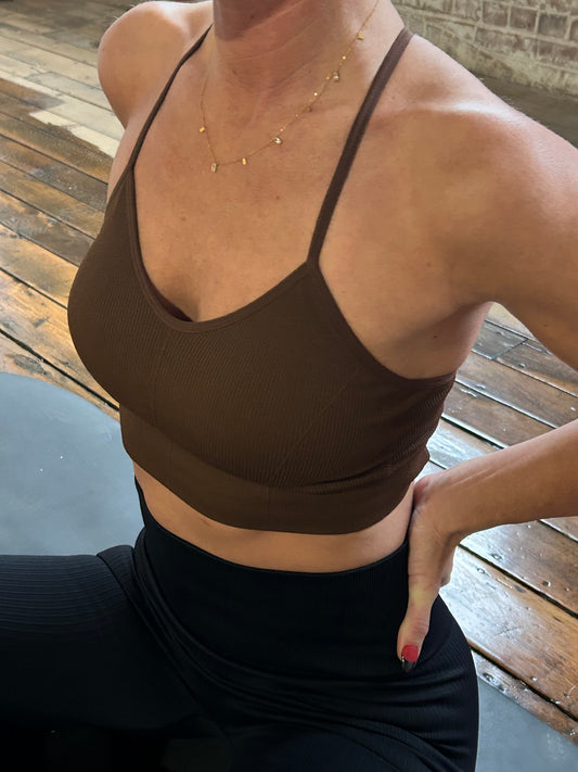 Coffee Cross Back Ribbed Sport Bra