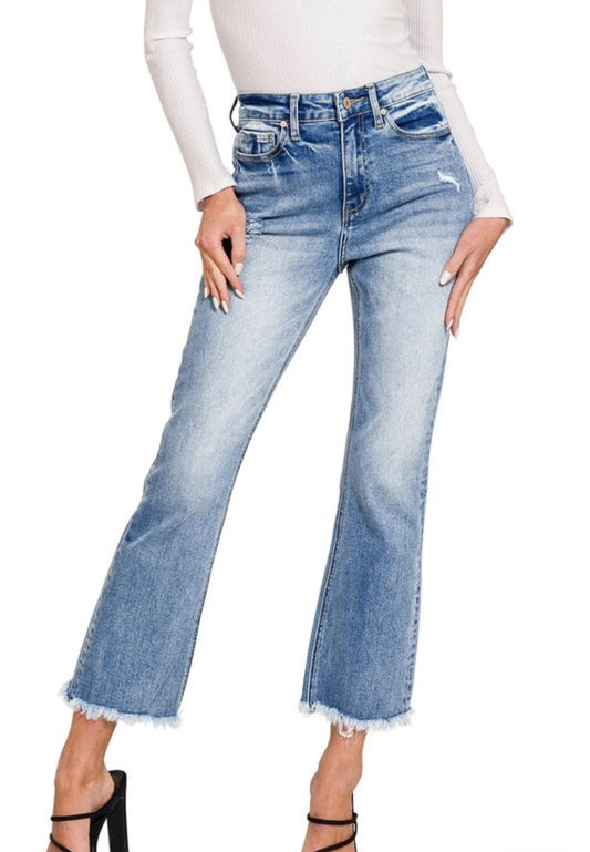Straight High Rise Raw Hem Cropped Jeans