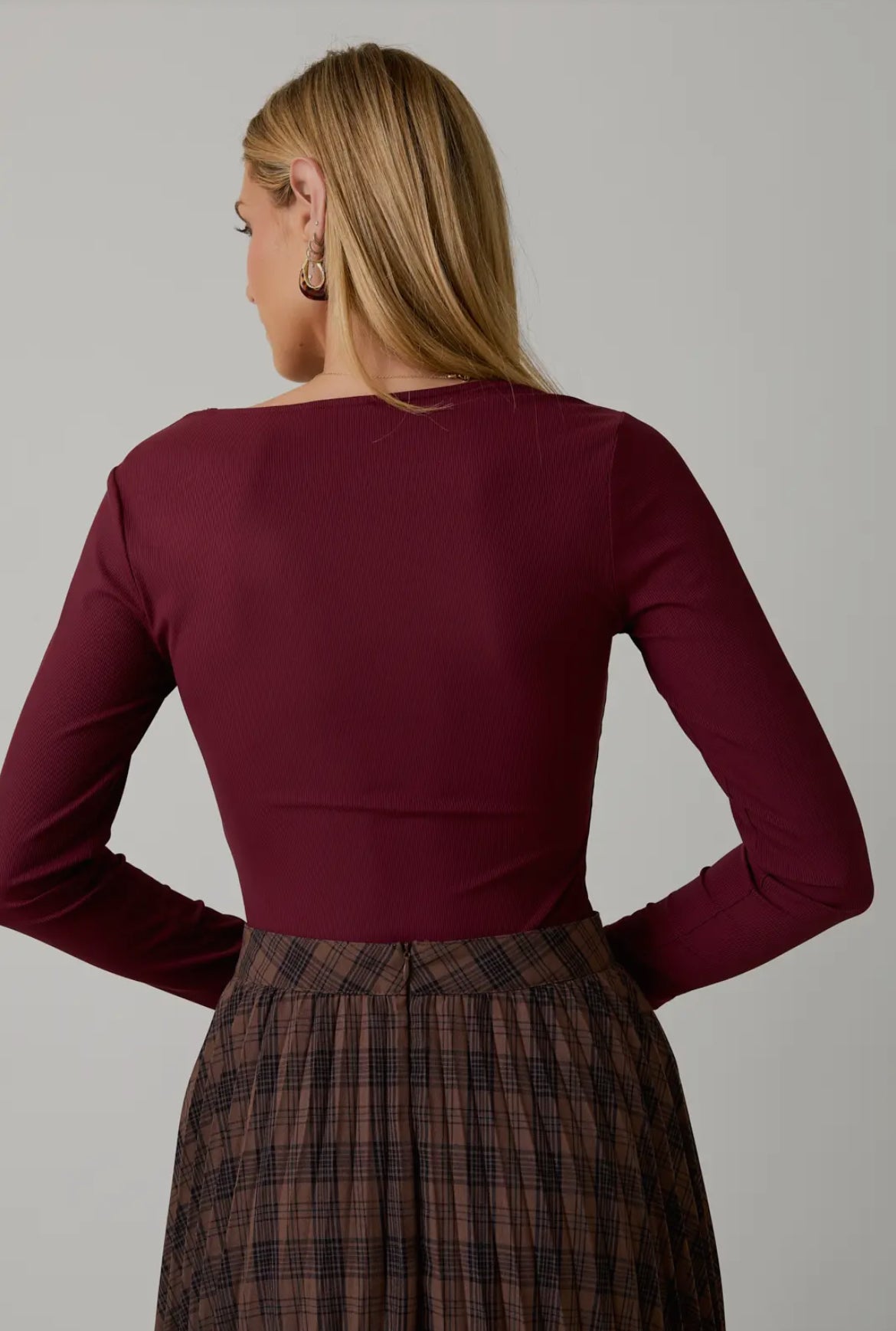 Maroon Scoop Neck Long Sleeve Bodysuit