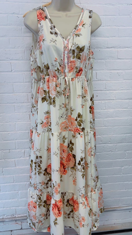 Cream Floral V-Neck Maxi Dress
