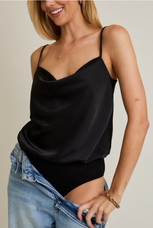 Black Satin Cowl Neck Bodysuit