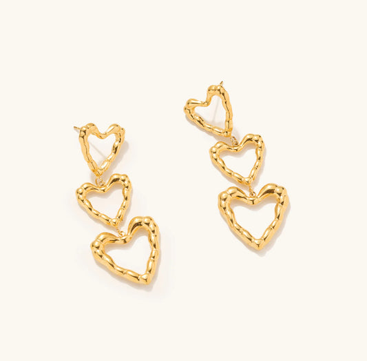 Gold Triple Heart Drop Earrings