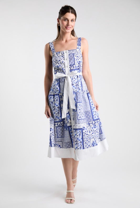 Blue Tile Print Resort Dress