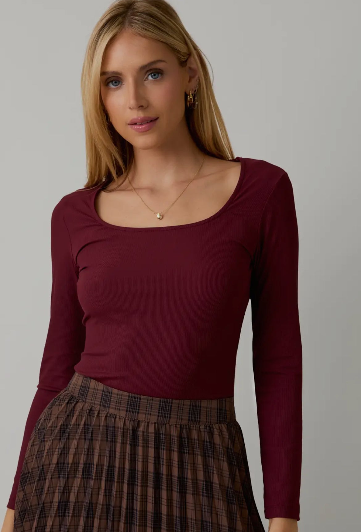 Maroon Scoop Neck Long Sleeve Bodysuit