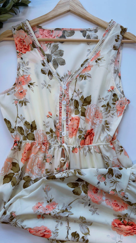 Cream Floral V-Neck Maxi Dress