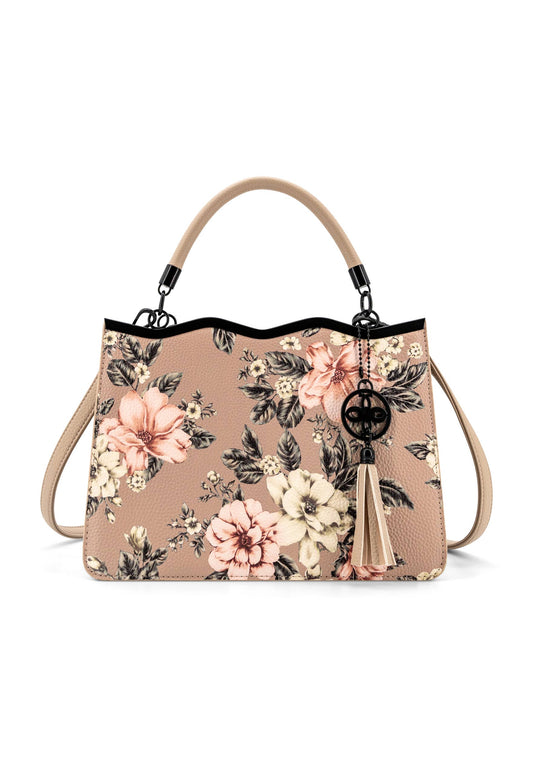 Beige Floral Print Satchel Bag