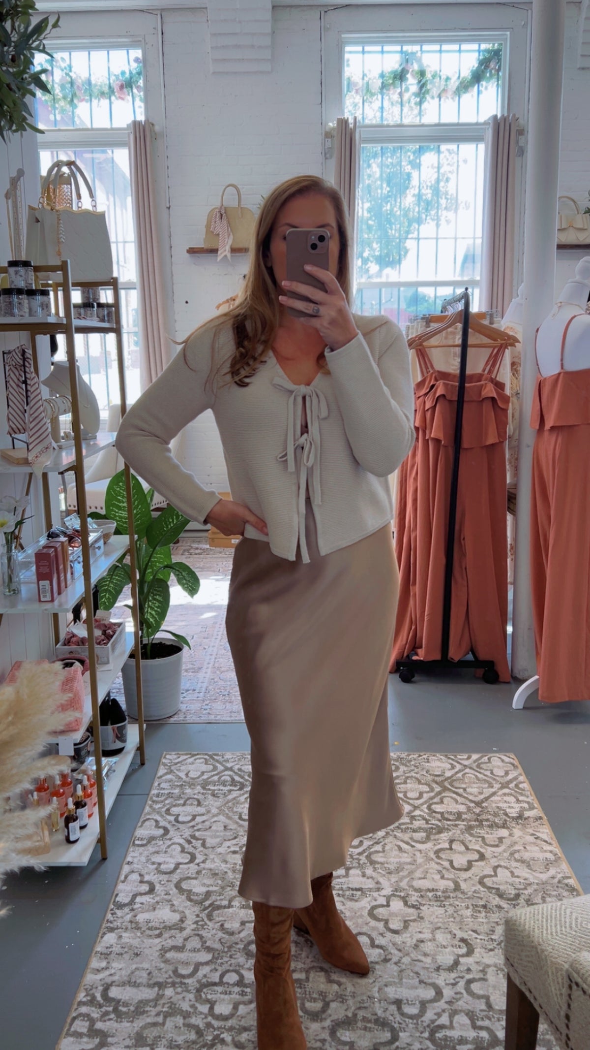 Beige Front Tie Knit Sweater