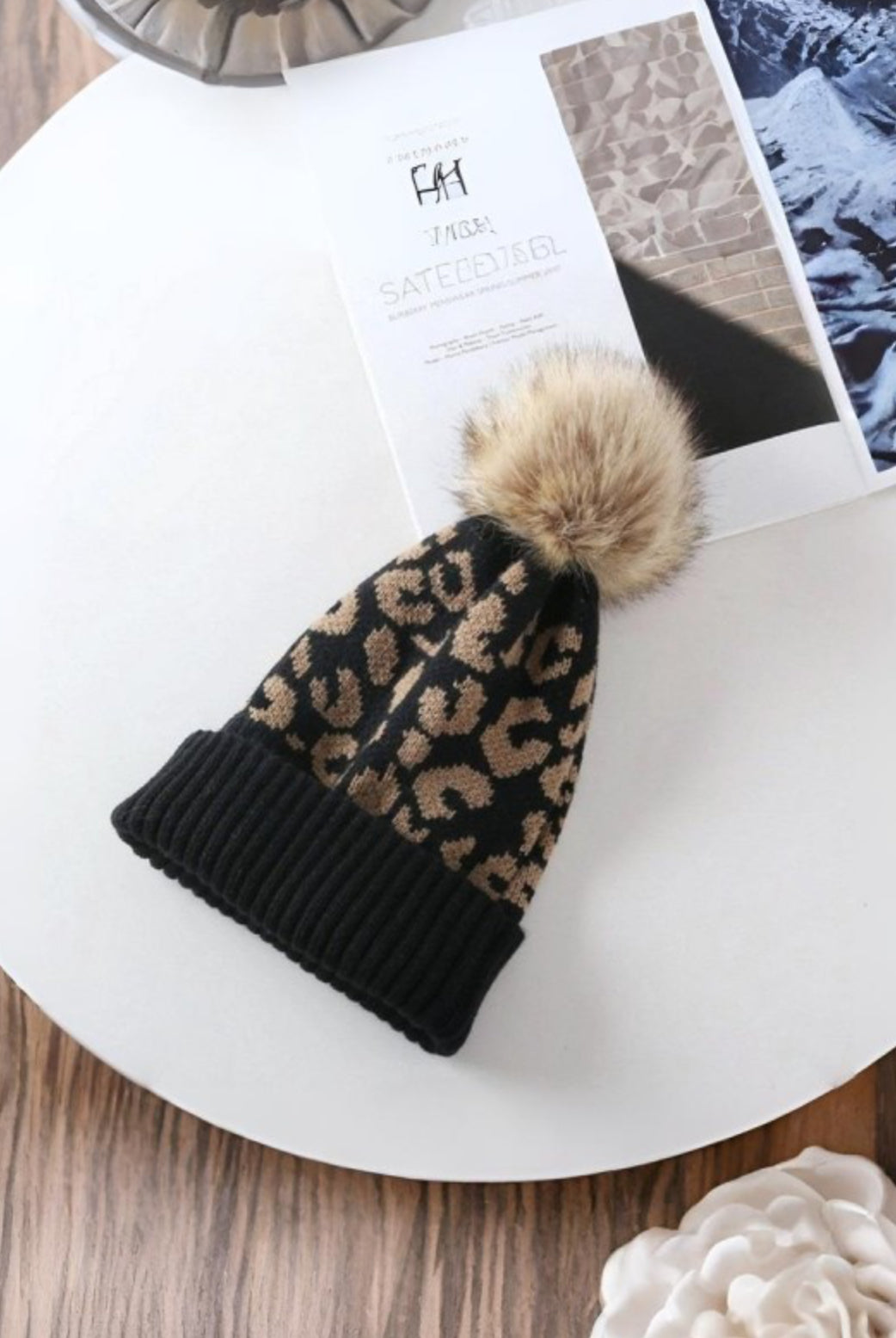 Leopard Knit Pom Beanie