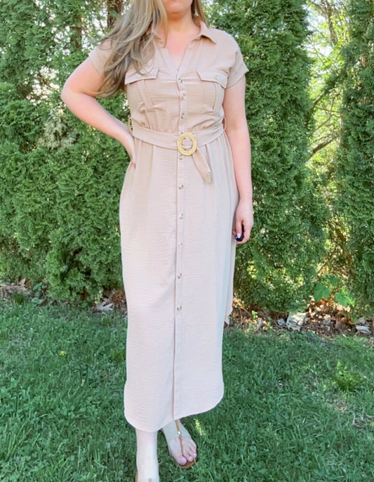 Cameron Button Down Belted Midi Dress