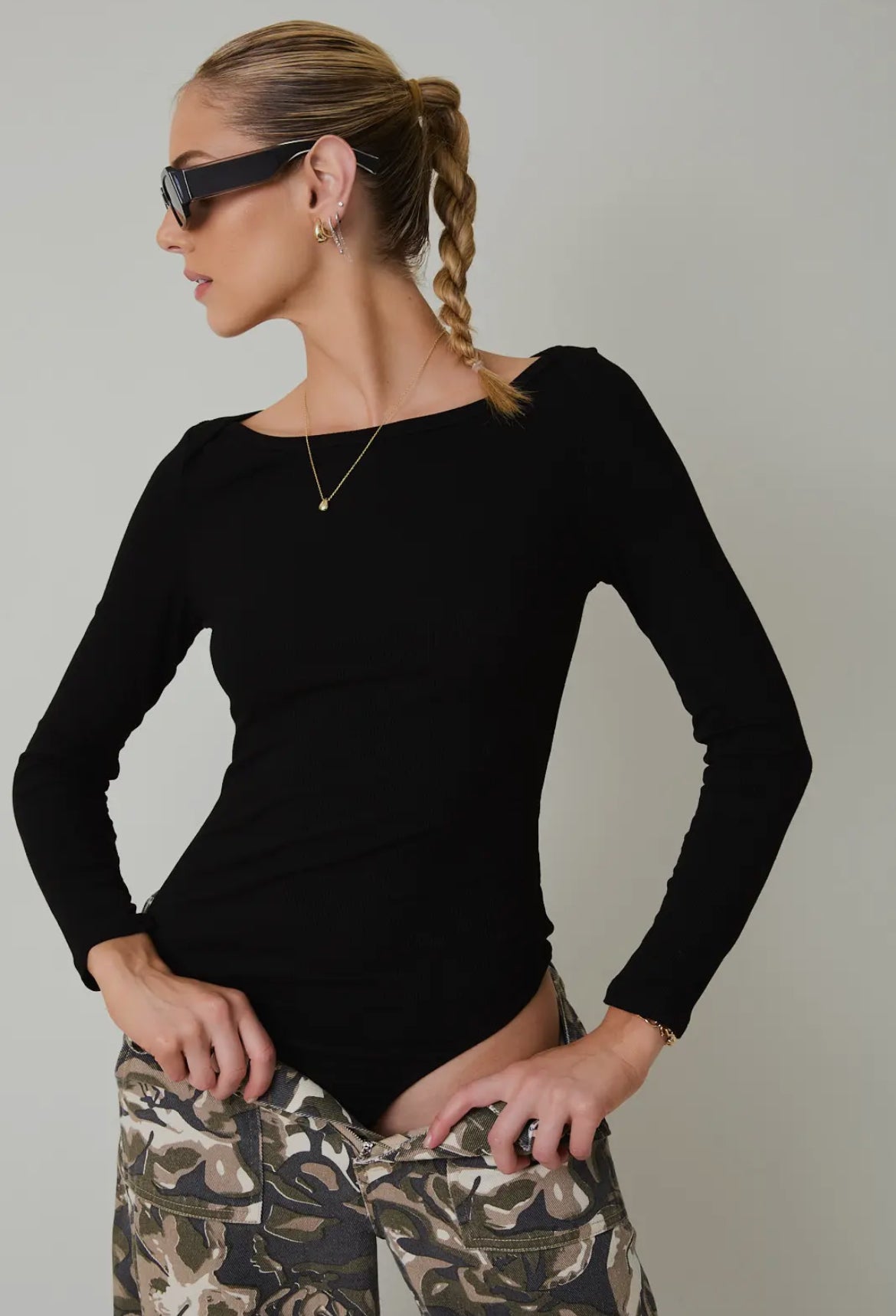 Black Boat Neck Long Sleeve Ribbed Bodysuit