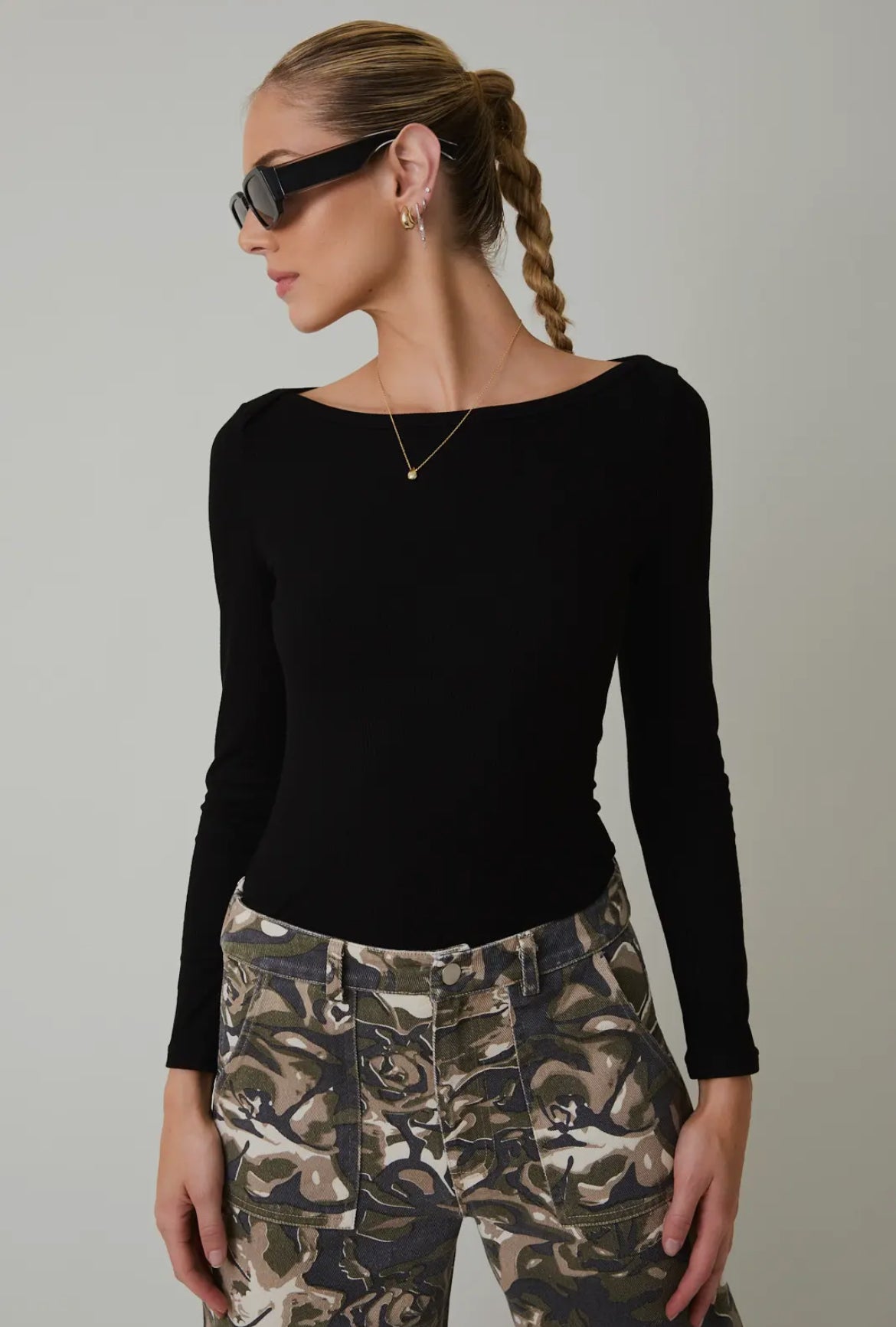 Black Boat Neck Long Sleeve Ribbed Bodysuit