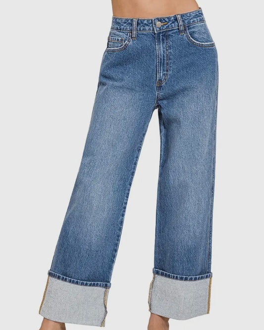 High Rise Cuffed Wide Leg Jeans