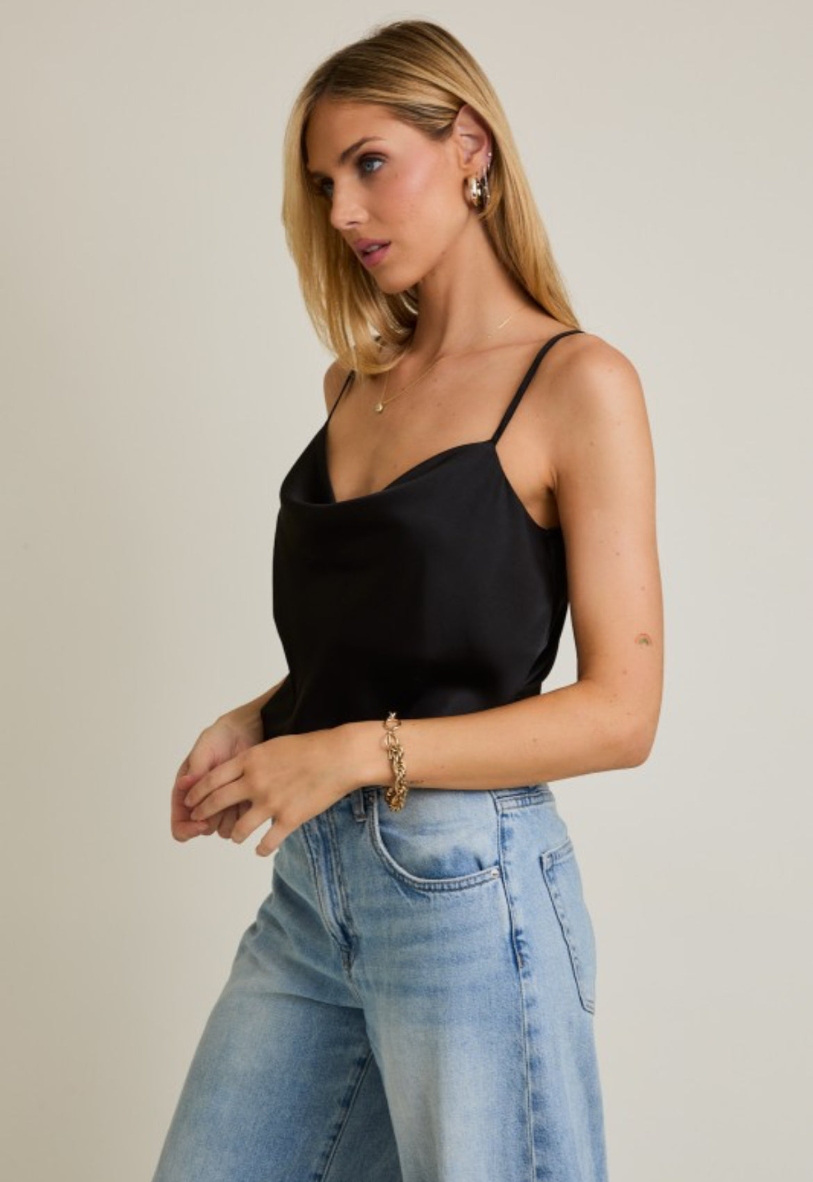 Black Satin Cowl Neck Bodysuit