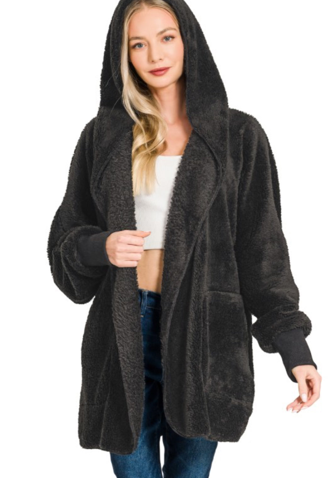 Black Hooded Teddy Jacket