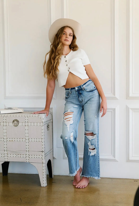 Vintage Style Distressed High Rise Wide Leg Jeans