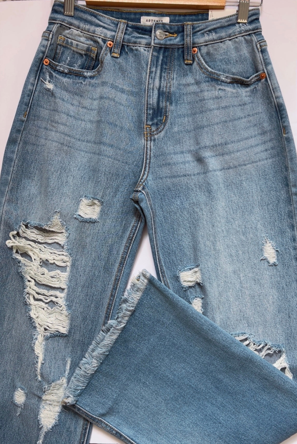 Vintage Style Distressed High Rise Wide Leg Jeans