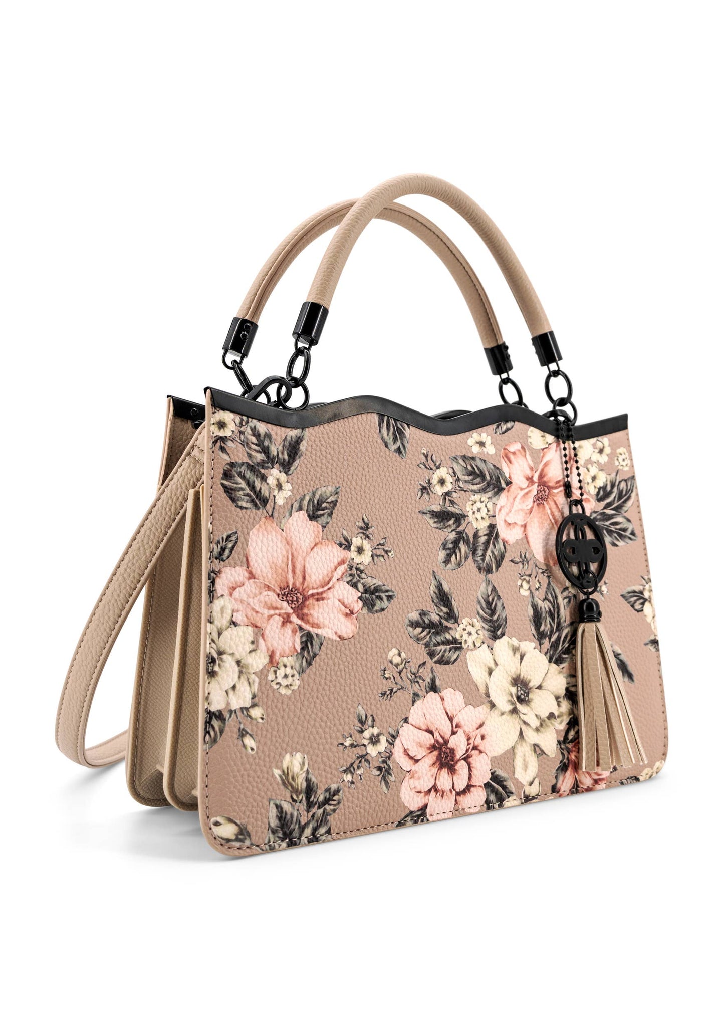 Beige Floral Print Satchel Bag