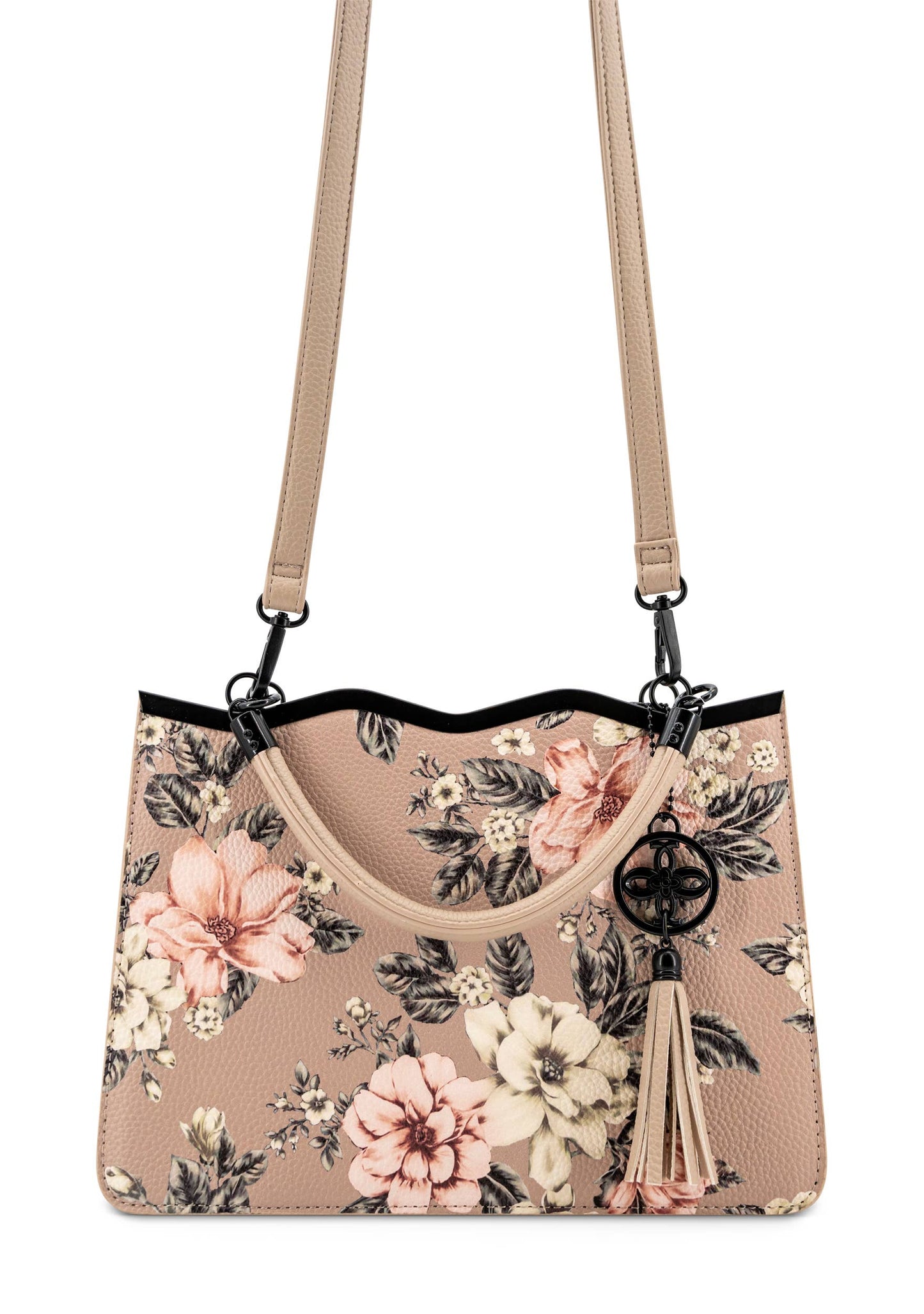 Beige Floral Print Satchel Bag