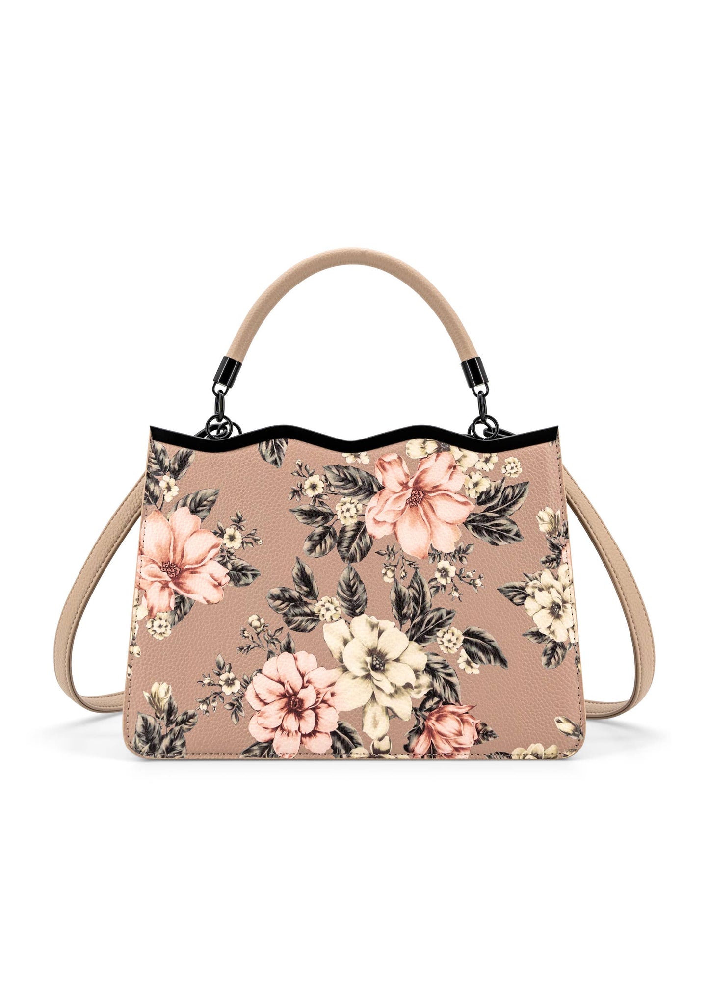 Beige Floral Print Satchel Bag